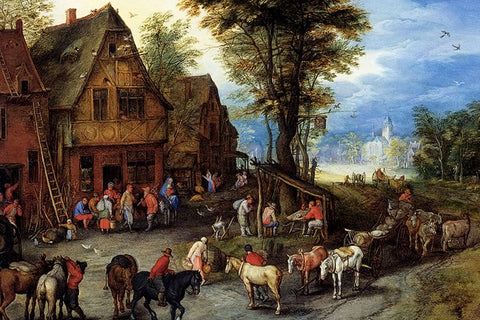 Poster Brueghel Jan The Elder - A Village Street With The Holy Family Arriving At An Inn - Obras de Arte