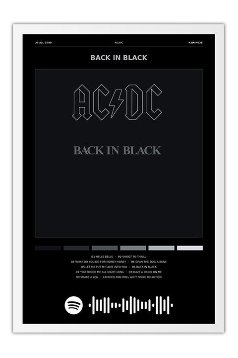 Poster AC/DC Back in Black - Blackprint - Bandas de Rock - Moldura branca