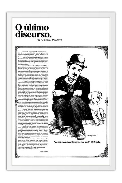 Poster Charlie Chaplin o Último Discurso o Grande Ditador - Frases - Moldura branca