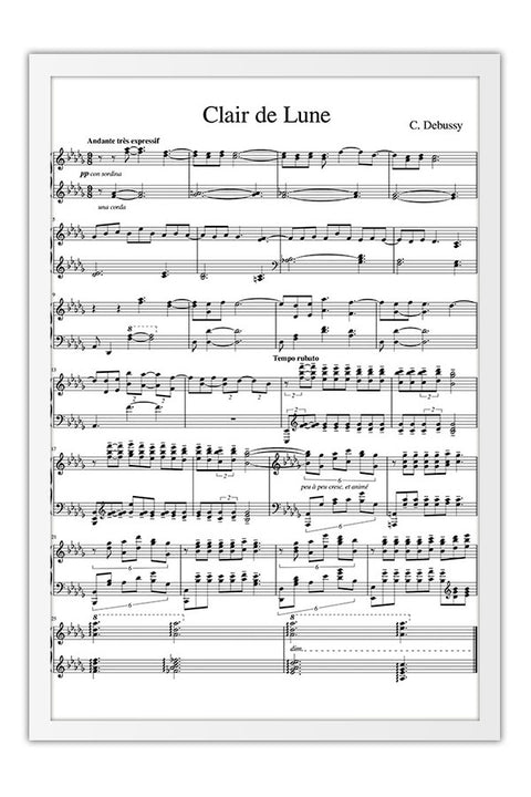Poster Clair de Lune Claude Debussy Partitura - Música - Moldura branca