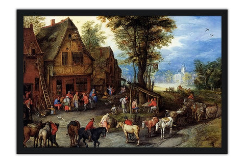 Poster Brueghel Jan The Elder - A Village Street With The Holy Family Arriving At An Inn - Obras de Arte