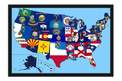 Poster Mapa dos Estados Unidos Com as Bandeiras de Cada Estado