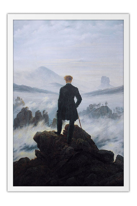 Poster Andarilho Sobre o Mar de Névoa - Caspar David Friedrich - Obras de Arte - Moldura branca